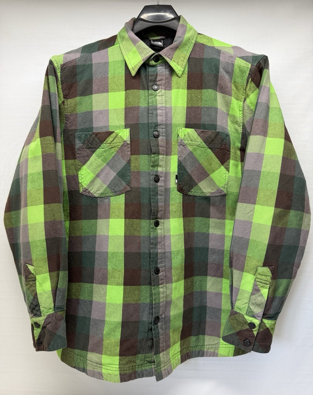 The North Face Open Range Insulated Flannel Shirt Jacket Green Plaid Snap Sz XL
